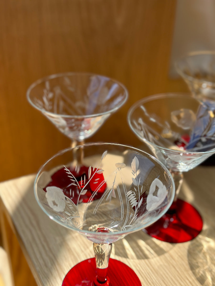 Vintage Etched Martini Glasses in Crimson