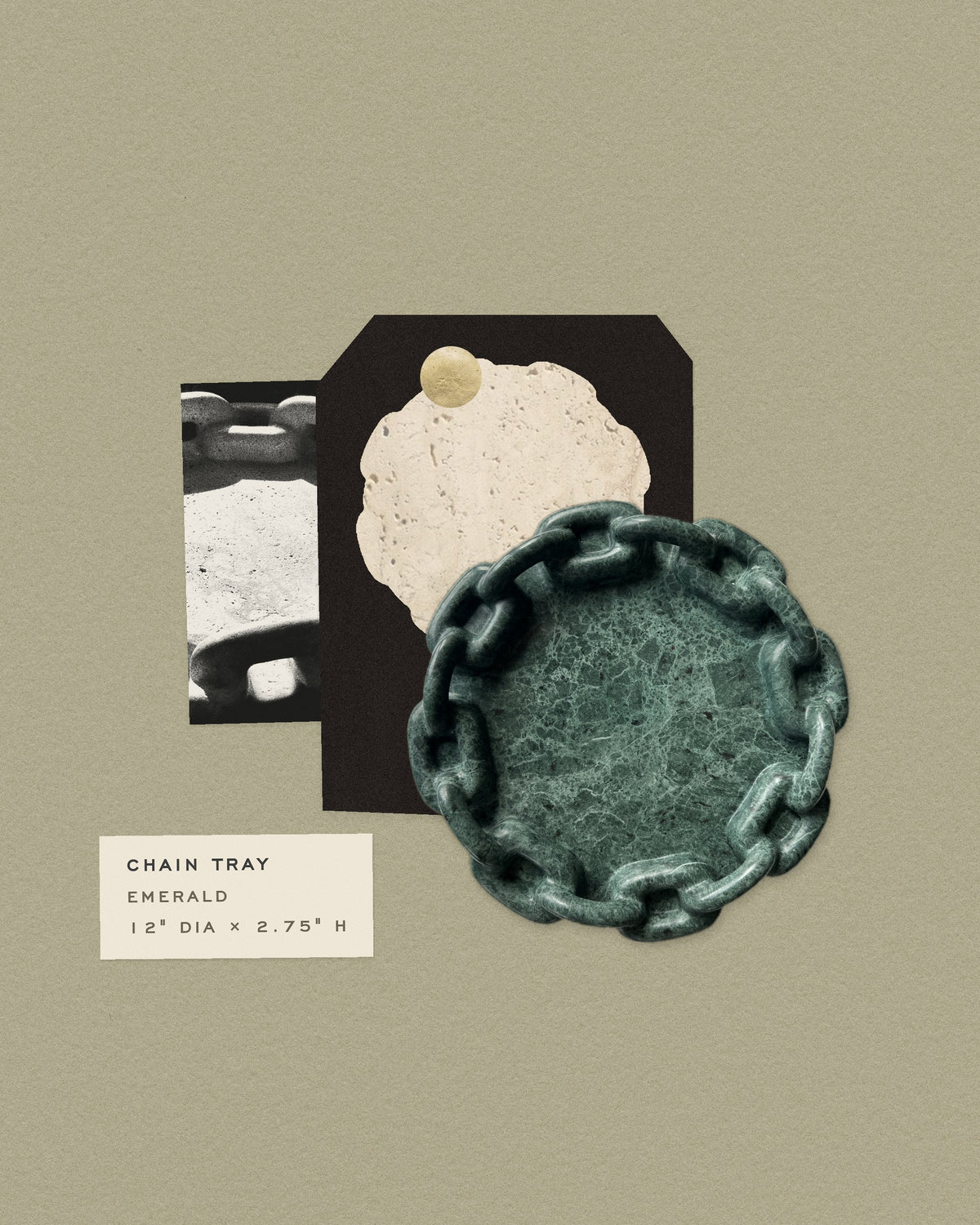 Collage: the Chain Tray in Emerald marble lifted from its silhouette on sage paper
