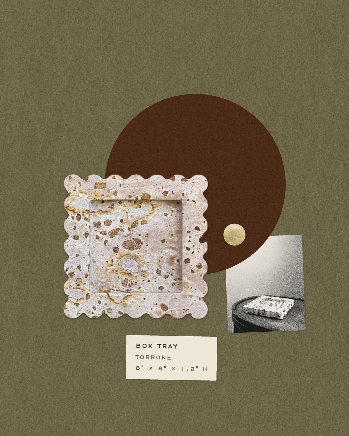 Collage: the Box Tray in Torrone before an oxblood paper disc