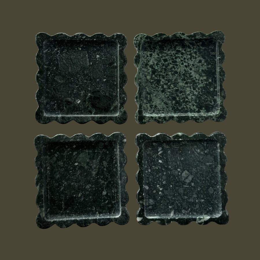 Box Coaster Set, four square scalloped coasters in Emerald marble