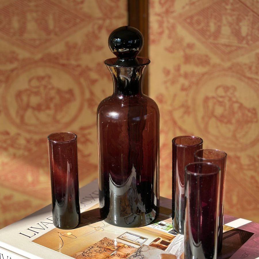 Mid-Century Glass Carafe Set in Plum