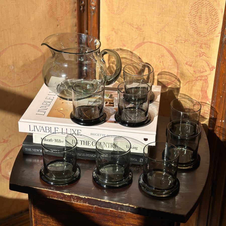 Mid-Century Smoked Glass Carafe Set in Dahlia