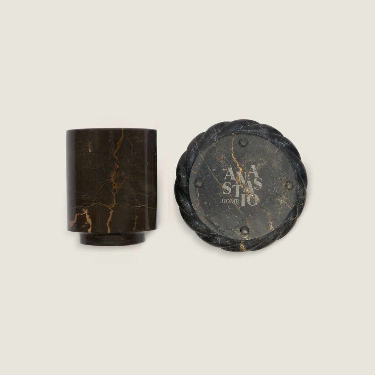 La Corda Piattina in Slate, underside with the Anastasio Home mark, beside a La Tazzina in Slate