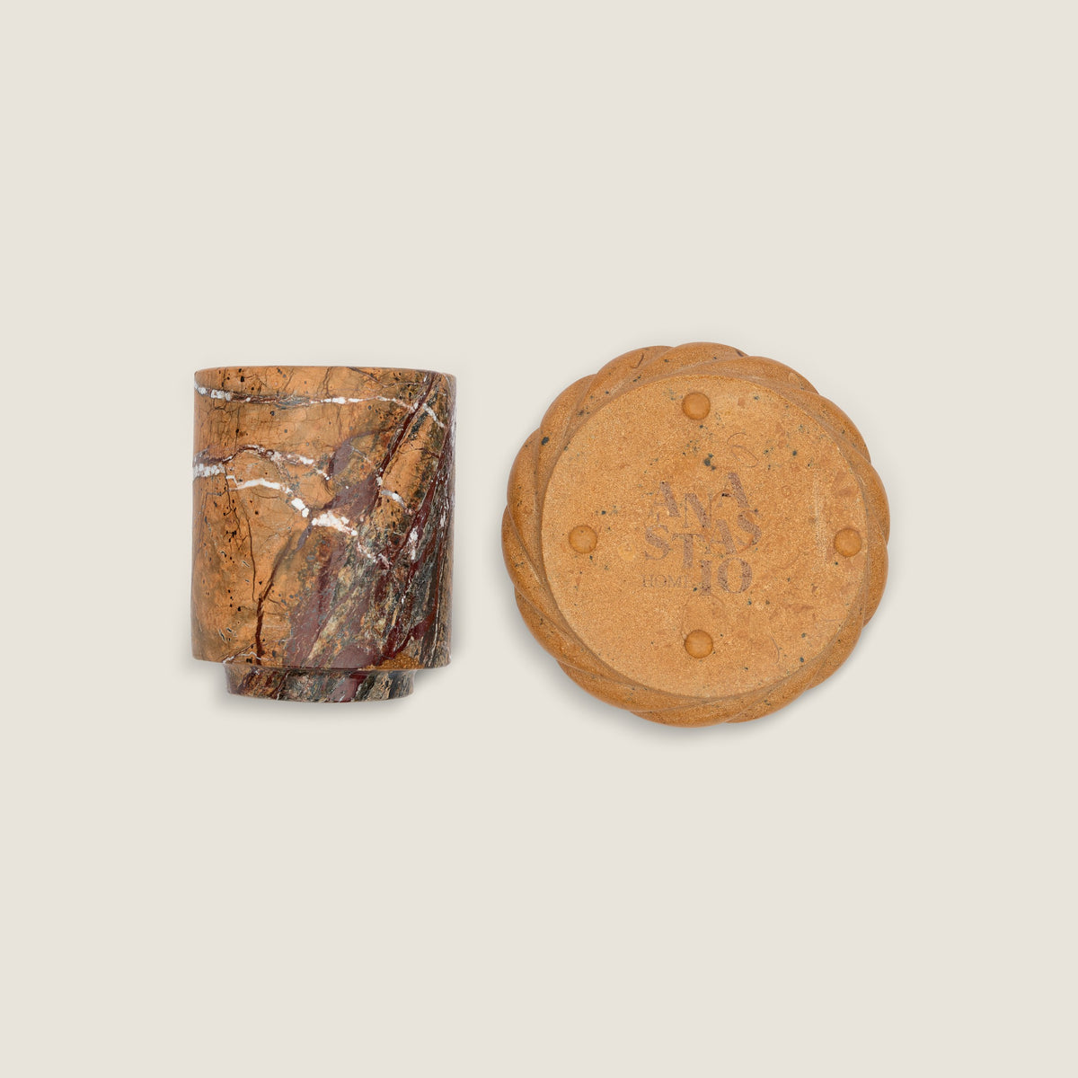 La Tazzina in Desert and the underside of a La Corda Piattina in Honeycomb, with the Anastasio Home mark