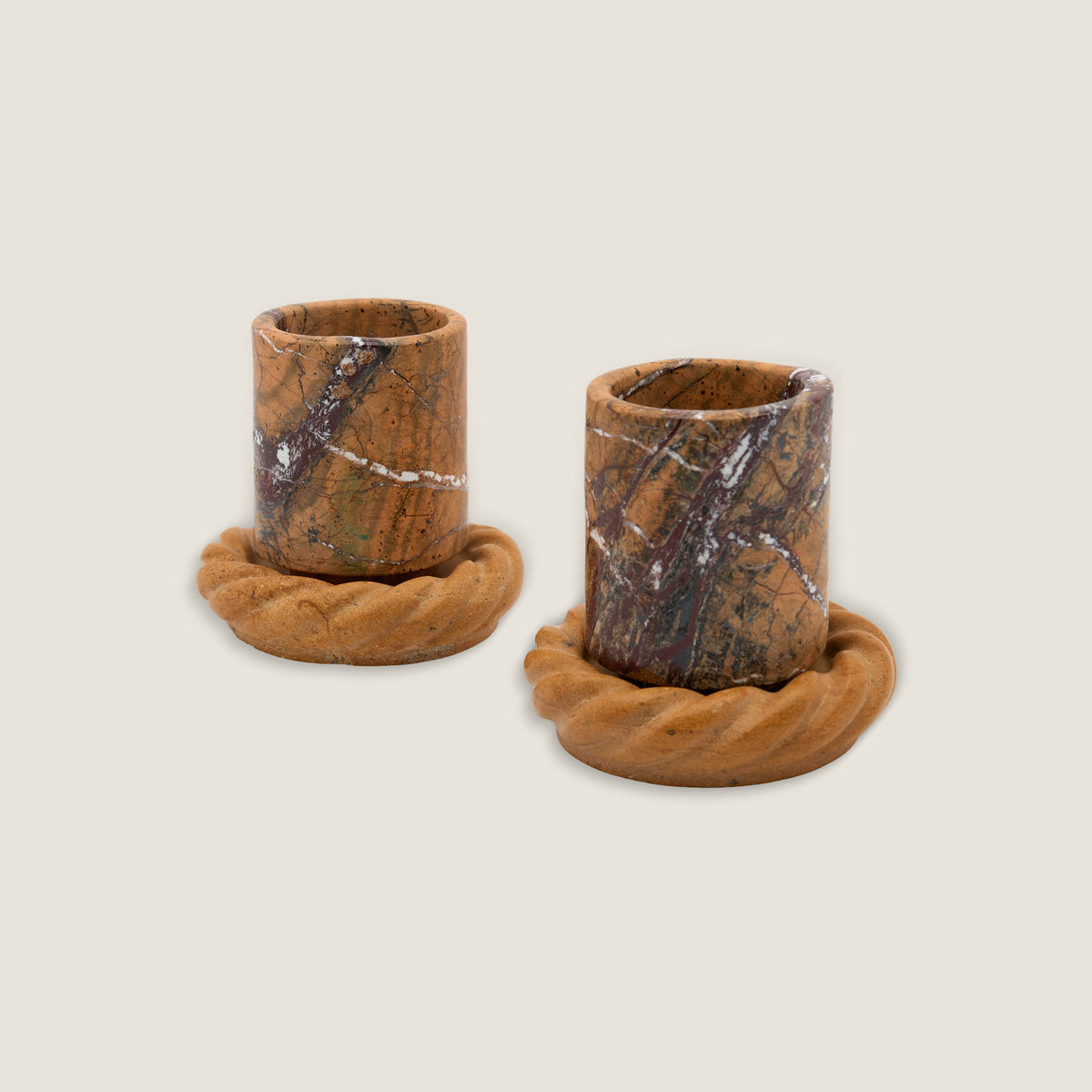 Two La Tazzina cups in Desert on La Corda Piattina saucers in Honeycomb