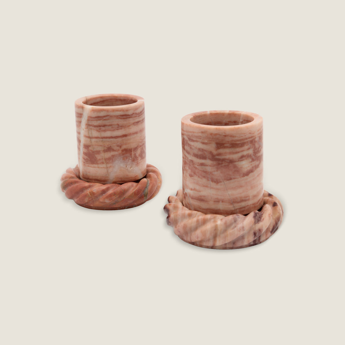 Two La Tazzina cups in Koi on La Corda Piattina saucers in Pink Puff and Sweet Tart
