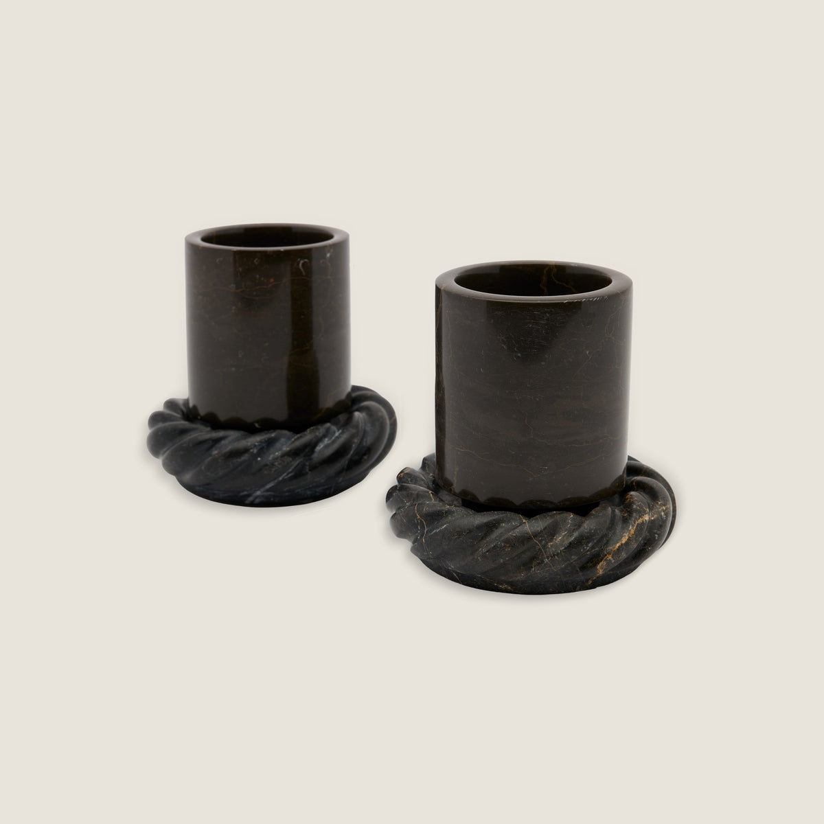 Two La Tazzina cups in Slate on La Corda Piattina saucers in Slate