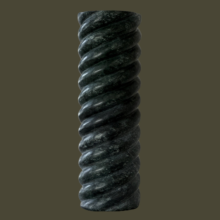 Tall Swell Vase in Emerald marble, a slender twisted bud vase