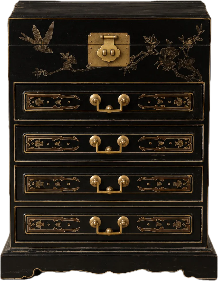 A black lacquer chest of drawers painted with a gilt bird and flowering branch