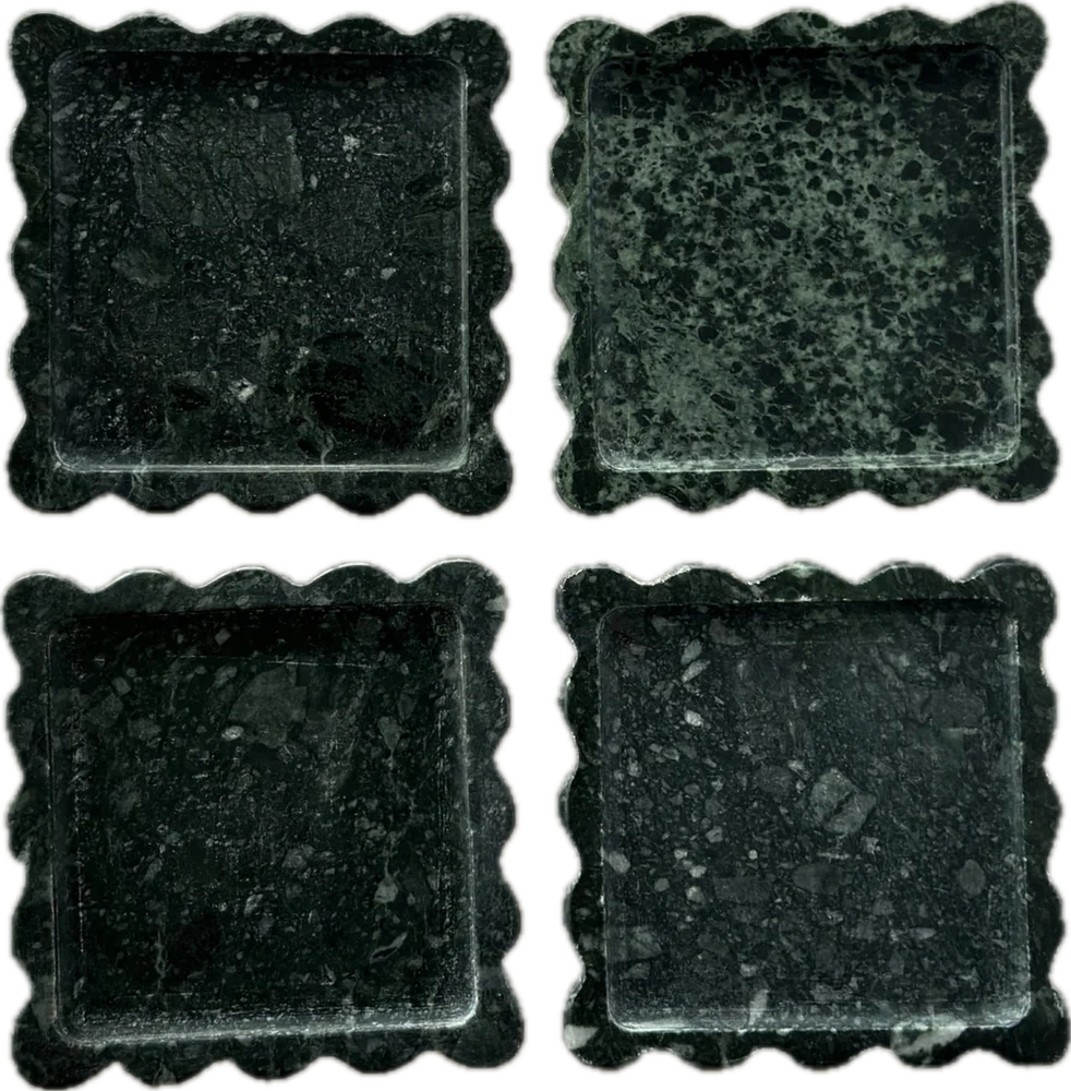 Box Coaster Set, four square scalloped coasters in Emerald marble