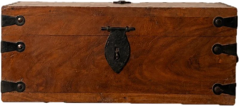 A burl-veneered box with iron straps over its corners