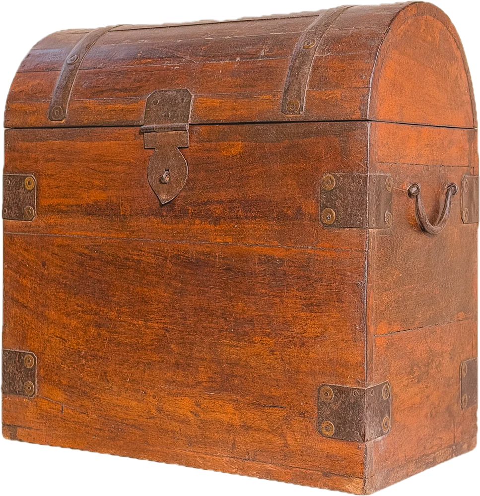 A tall domed wooden chest with iron straps