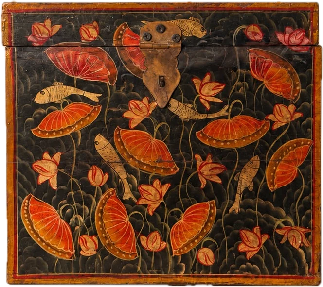 Lotus and Fish Box, a vintage box painted on every face with orange lotus pads and fish on a black ground