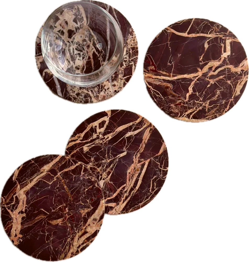 Oversized Coasters, four round coasters in Cherry Gold marble
