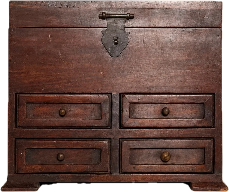 A dark oak chest with a lidded well over four drawers