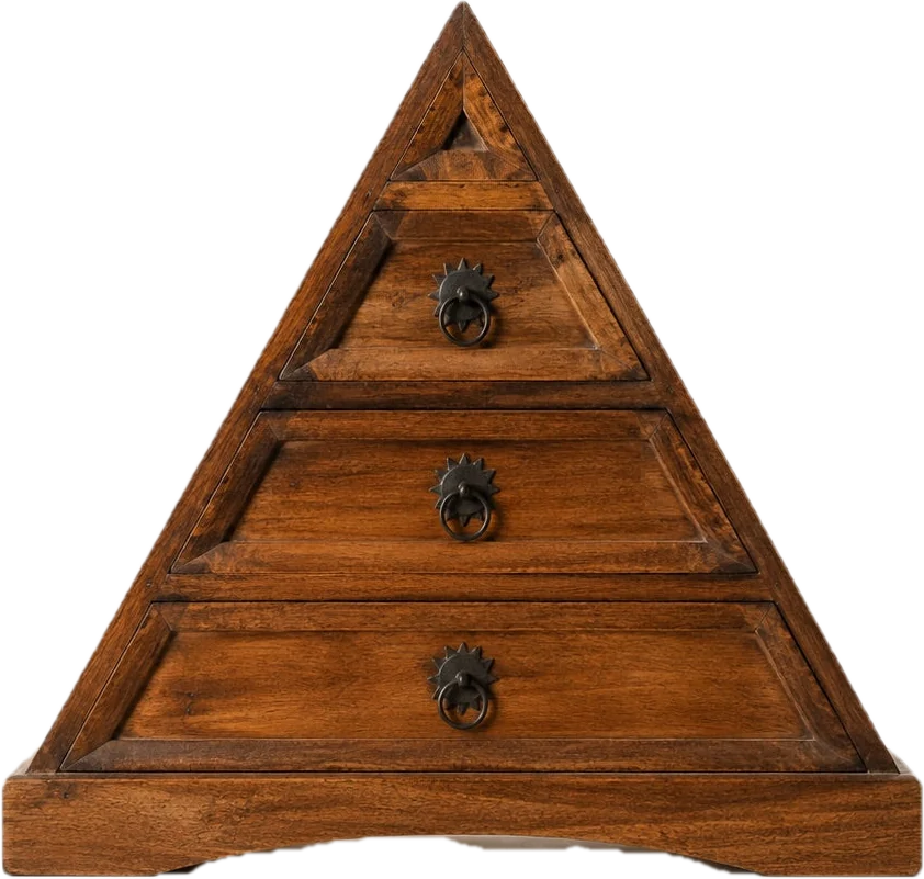 A triangular wooden chest of three graduated drawers