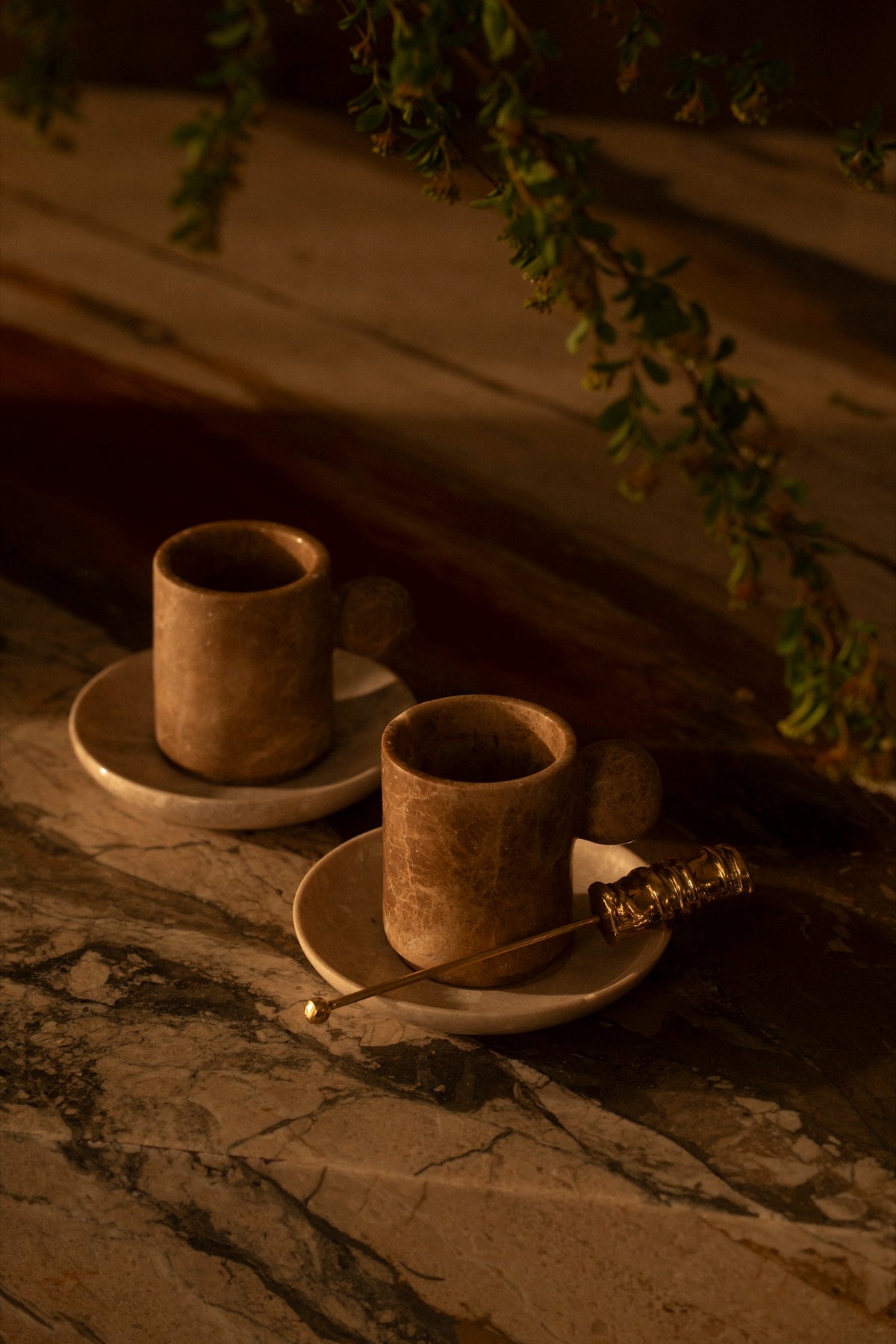 Two marble cups and a brass stirrer on the marble bar beneath ferns