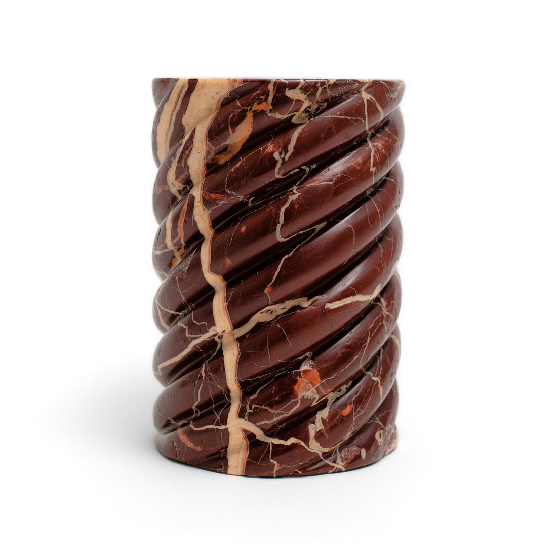 Avaline x Anastasio Home Wine Chiller in Cabernet Red Marble, a twisted stone cylinder