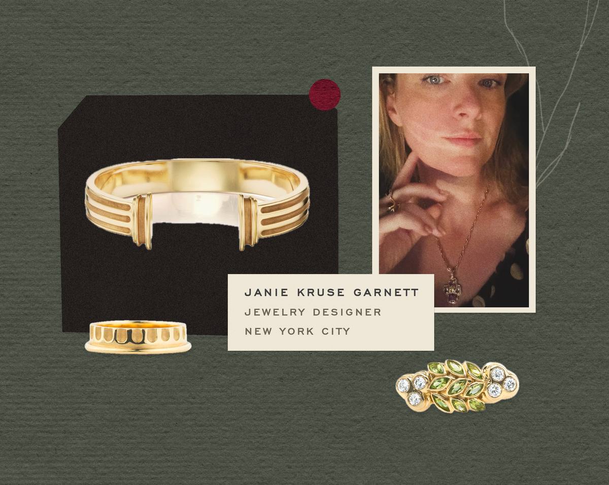 Janie Kruse Garnett's portrait beside her gold cuff, ring and jewelry on a sage paper ground