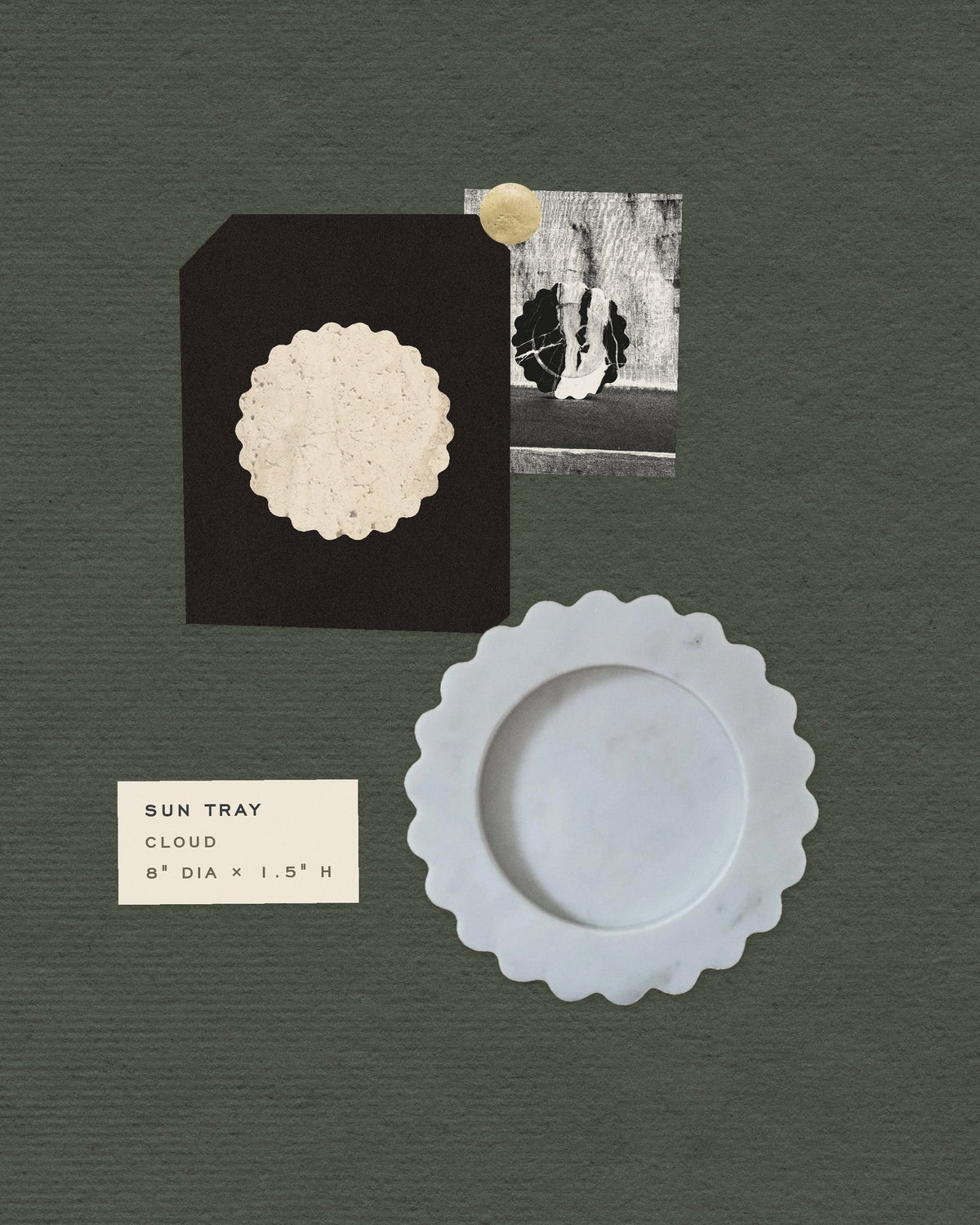 Collage: the Sun Tray in Cloud marble on spruce paper