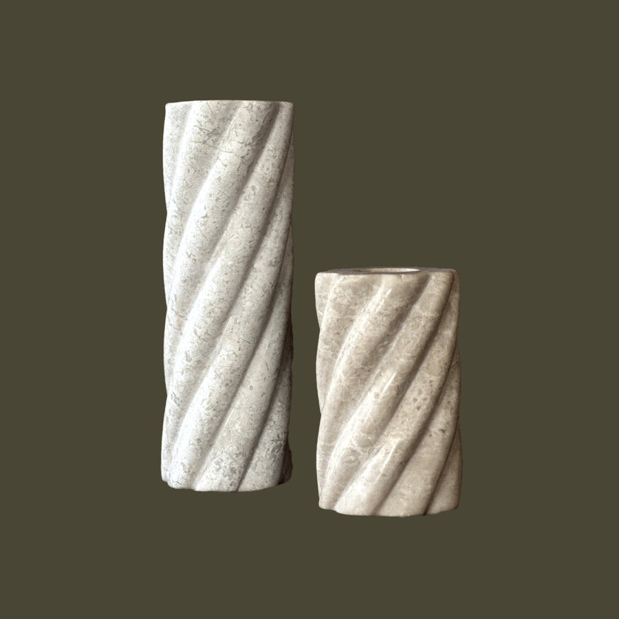 Swell Candlesticks Set, a pair of spiraling Oyster stone taper holders